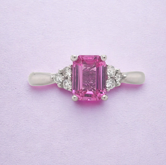 18ct White Gold Octagon Pink Sapphire & Diamond Shoulder Ring