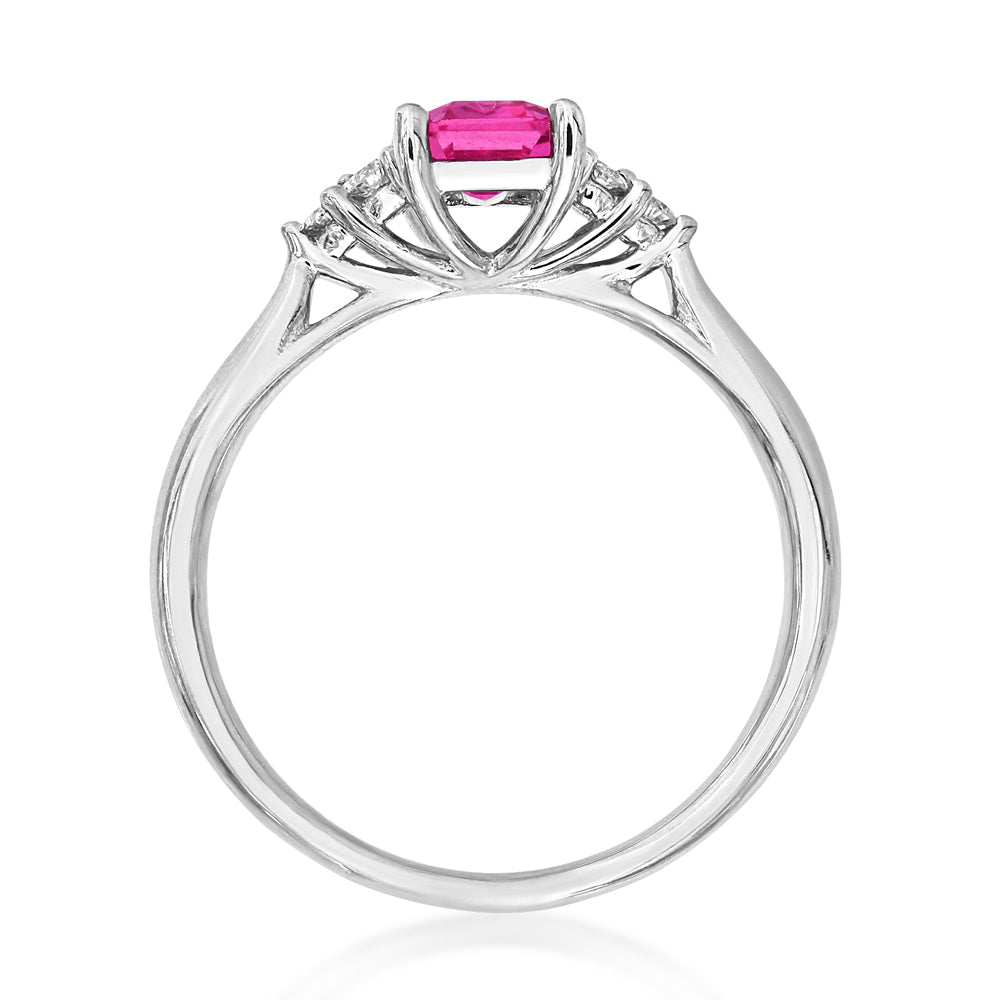 18ct White Gold Octagon Pink Sapphire & Diamond Shoulder Ring