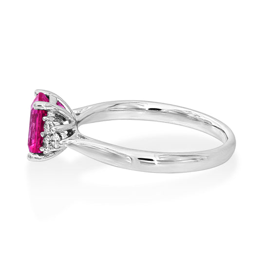 18ct White Gold Octagon Pink Sapphire & Diamond Shoulder Ring