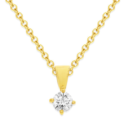 18ct yellow gold solitaire pendant with a round brilliant diamond in four claws, tapered bail and belcher chain
