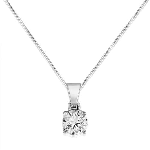 18ct white gold solitaire pendant with a round brilliant diamond in a four-claw setting, on a chain
