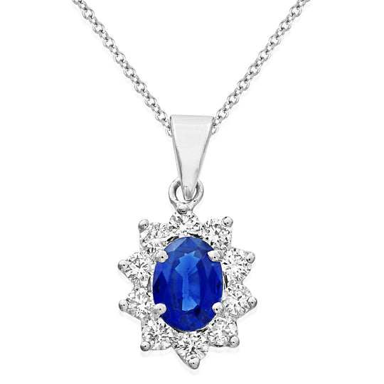 18ct White Gold Oval Sapphire & Diamond Cluster Pendant