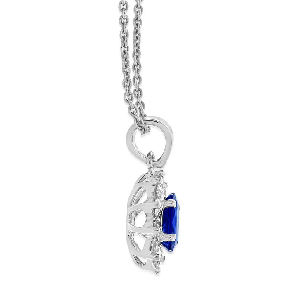 18ct White Gold Oval Sapphire & Diamond Cluster Pendant
