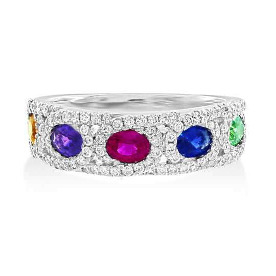 18ct White Gold Multi-Colour Sapphire & Diamond Band Ring