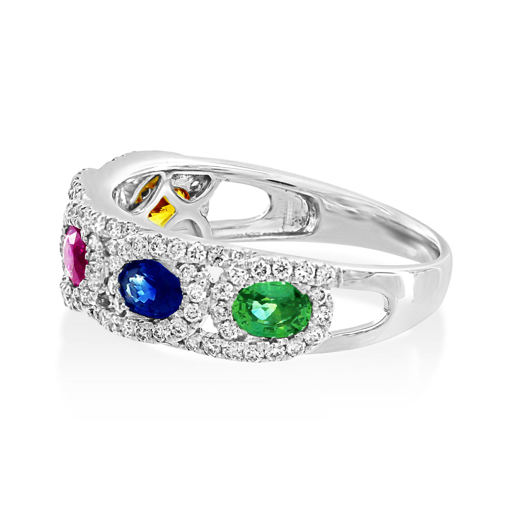 18ct White Gold Multi-Colour Sapphire & Diamond Band Ring