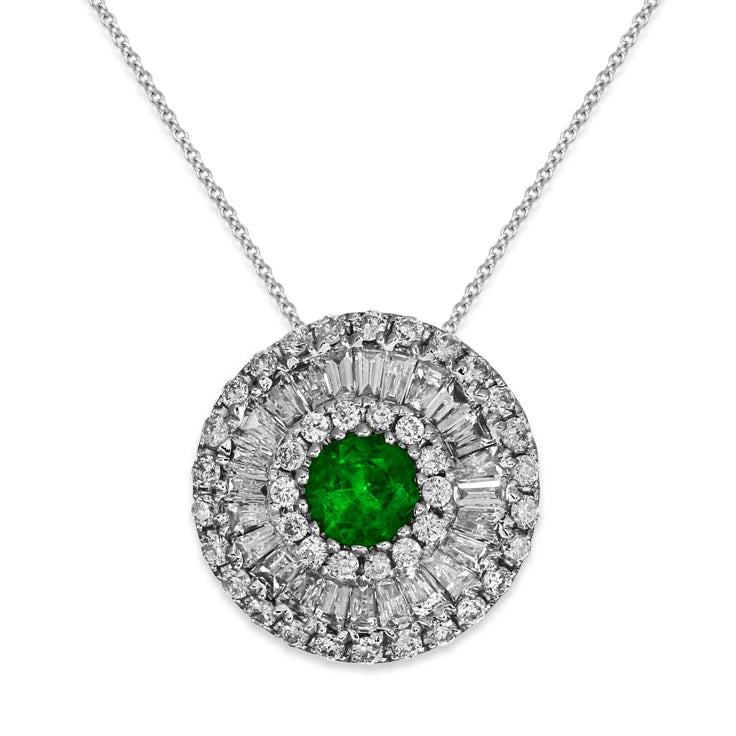 18ct white gold round cluster pendant with a central round emerald ringed by round and baguette diamonds