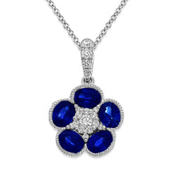 18ct White Gold Floral Sapphire & Diamond Pendant Necklace