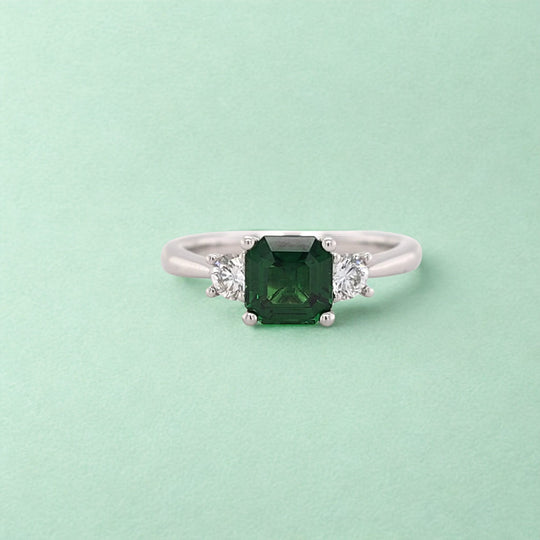 18ct White Gold Tsavorite & Diamond Three Stone Ring