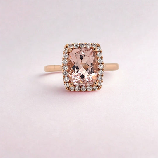 18ct Rose Gold Morganite & Diamond Halo Ring