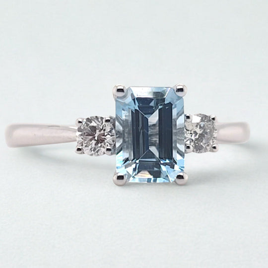 18ct White Gold Octagon Aquamarine & Diamond Trilogy Ring