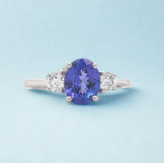 18ct White Gold Tanzanite & Diamond Three Stone Ring